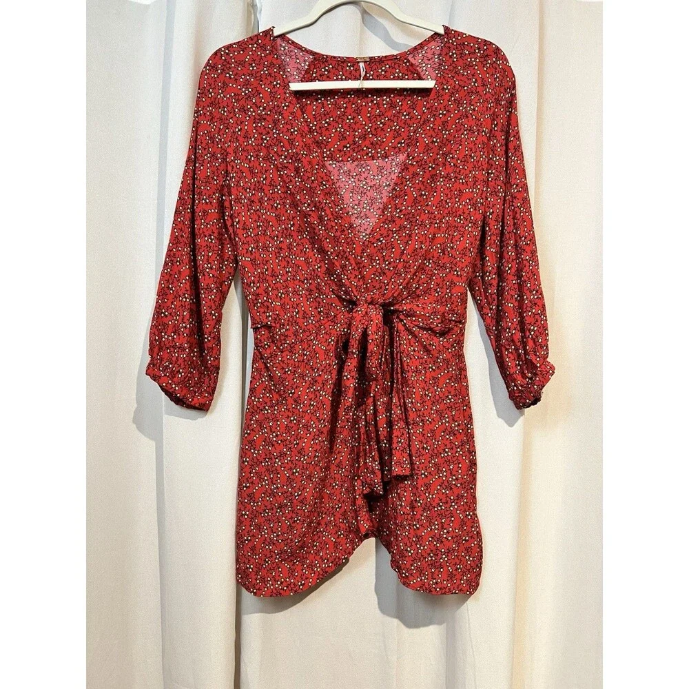 Free People Women's Clara Floral Mini Tunic Dress S Red Wrap 3/4 Sleeve Viscose‎